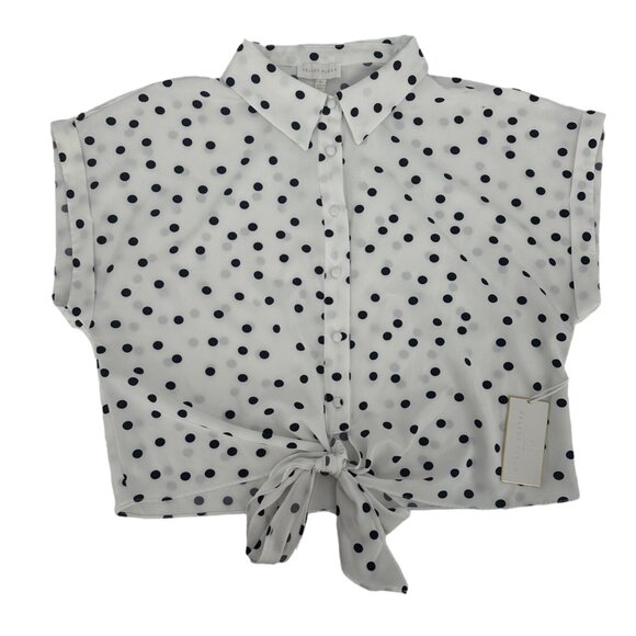 NWT Velvet Fleur White Button-Front Blouse Black Polka Dots Tie-Front Top XL - Picture 4 of 8